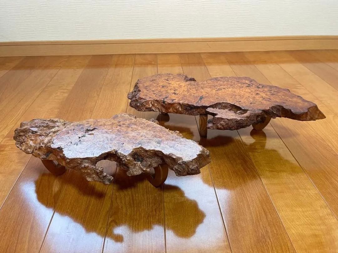 【天然一枚板】飾り台 盆栽台 花瓶台 座卓 足付き 大小2枚セット【光沢仕上げ】