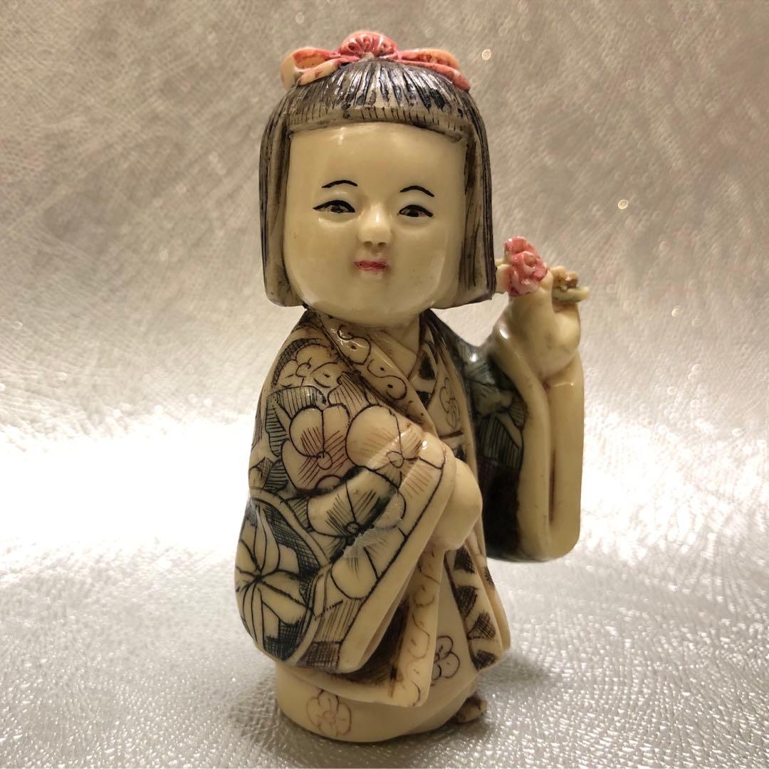 時代根付　刻印有　置物　おかっぱの女の子　縁起物　アンティーク　天然素材