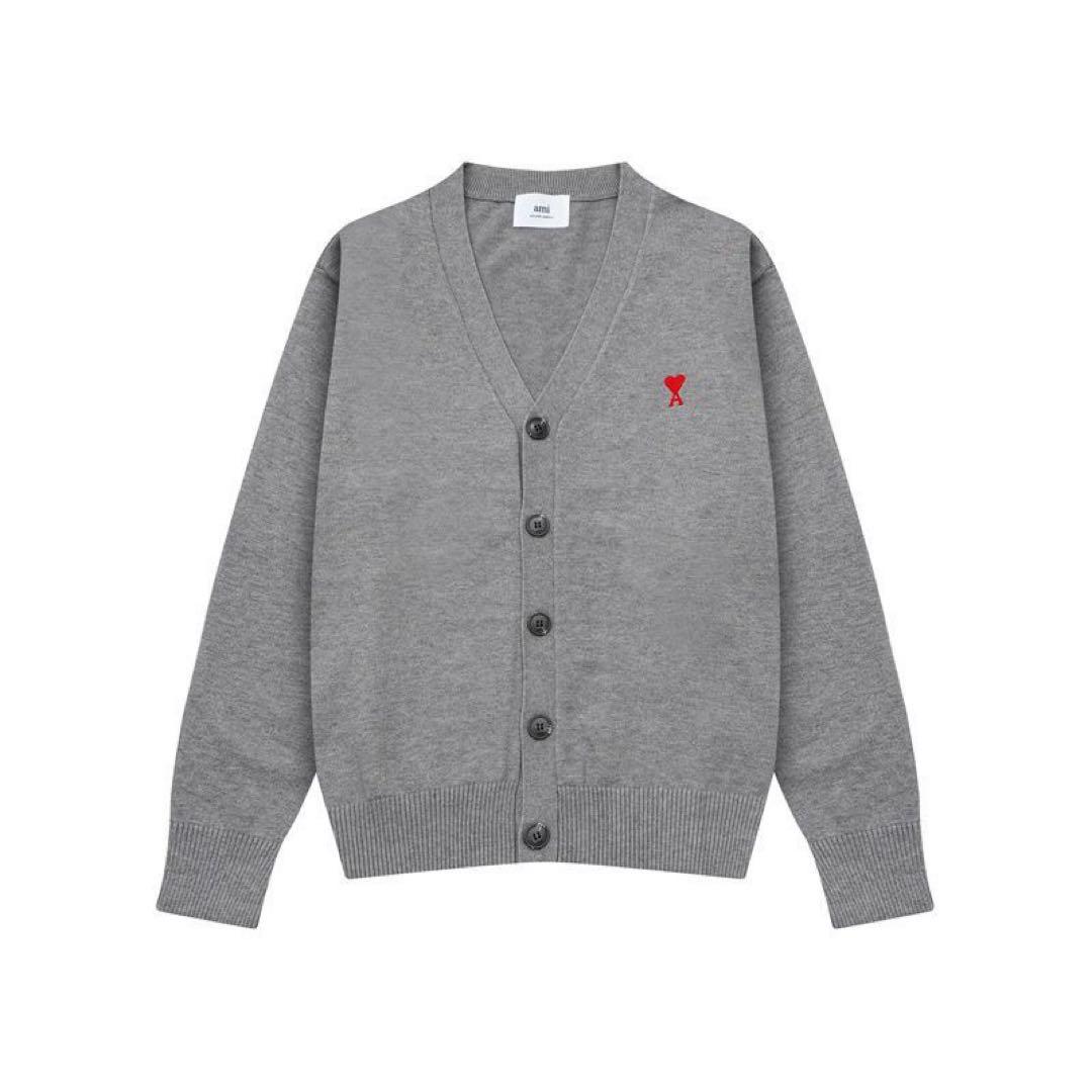 アミパリス　amiparis グレー Vネックカーディガン 赤いハート刺繍