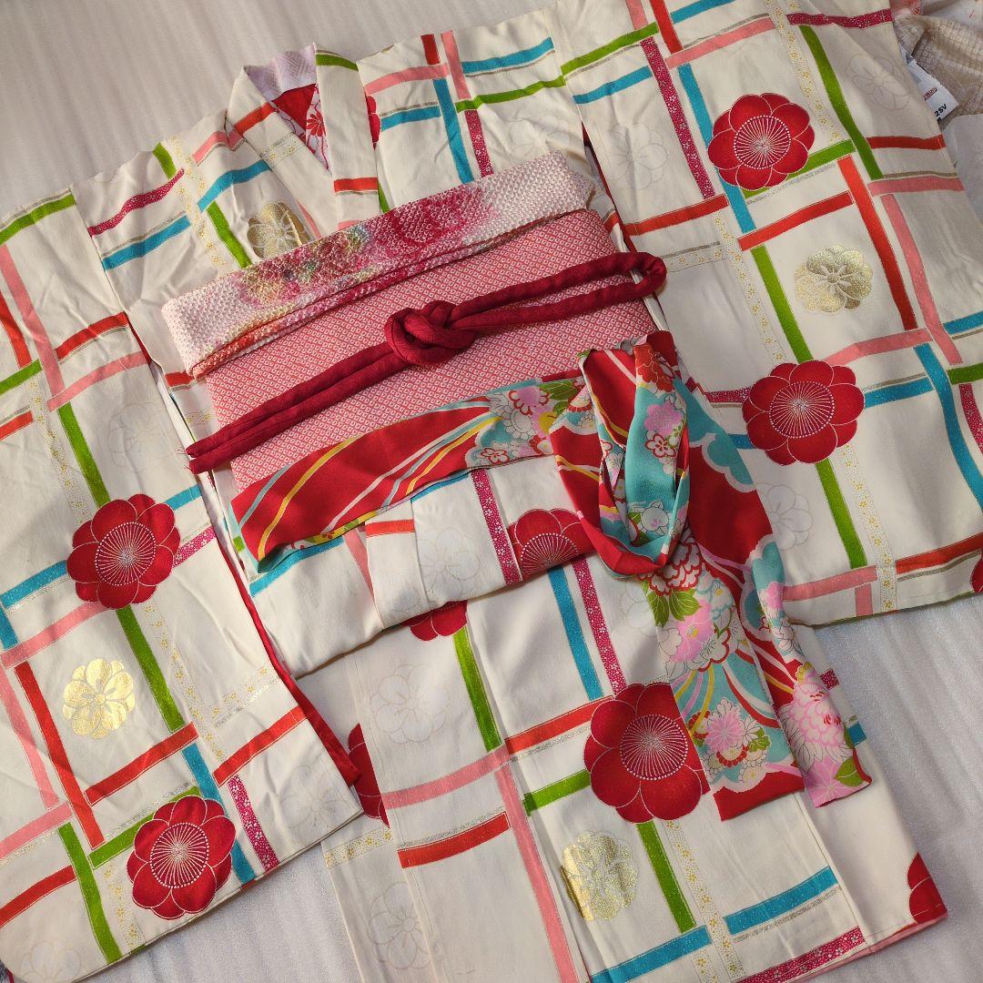 七五三７歳正絹着物とハンドメイドのだらり帯と帯締め帯揚げとしごきのセット