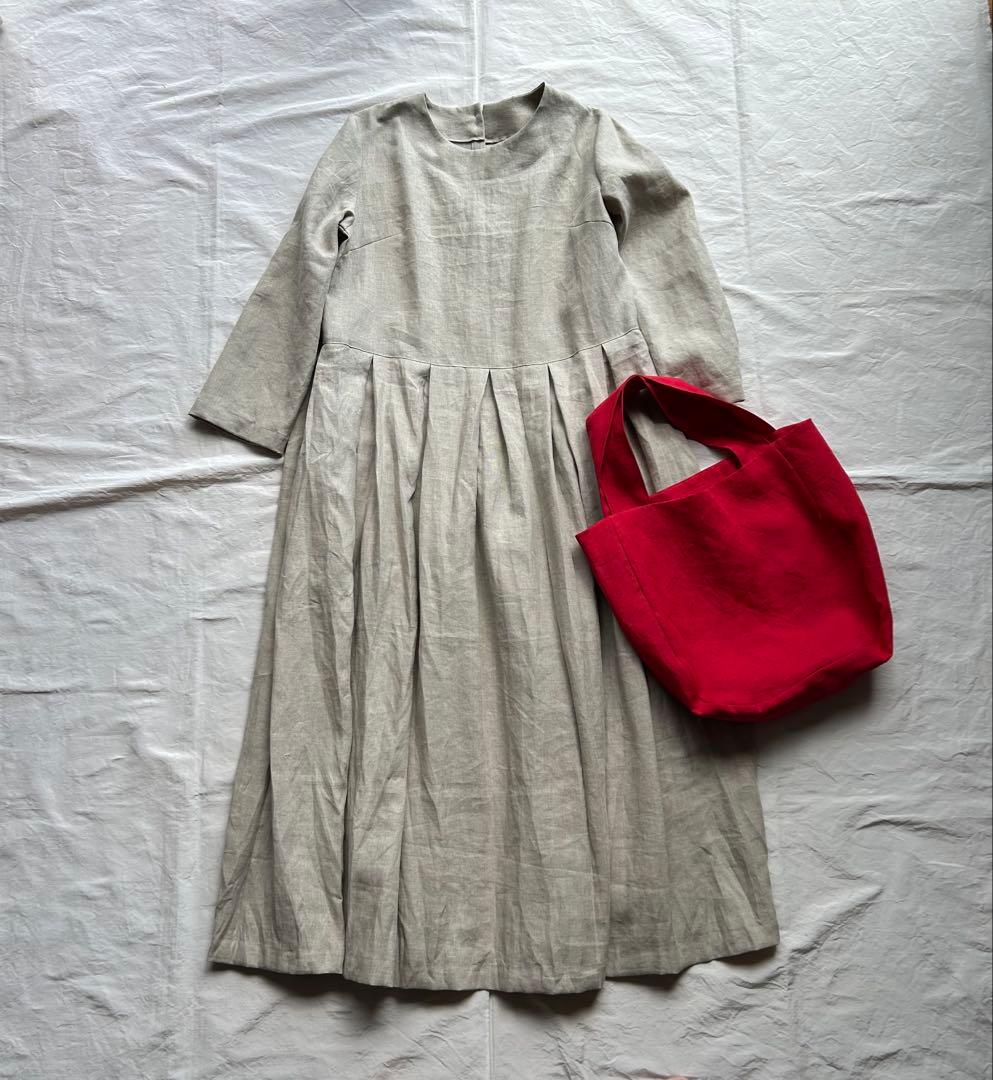 【いずみごページ】linen真赤布バック＆フラックス生成りワンピース