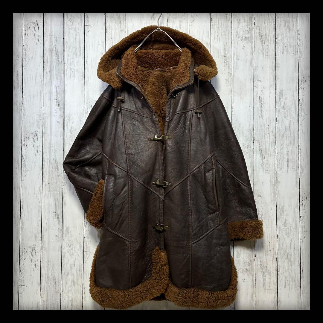 【ムートンコート☆ファイヤーマンジャケット】本革☆フード脱着可能☆XL ブラウン