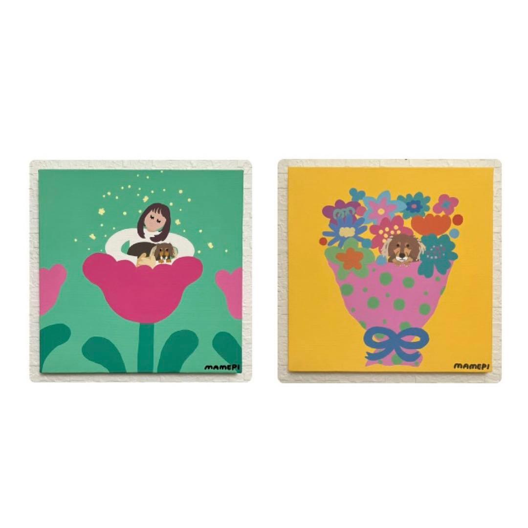 wawon　原画　２枚セット　【わんちゃんとハッピッピ花束】【ぬくもり】