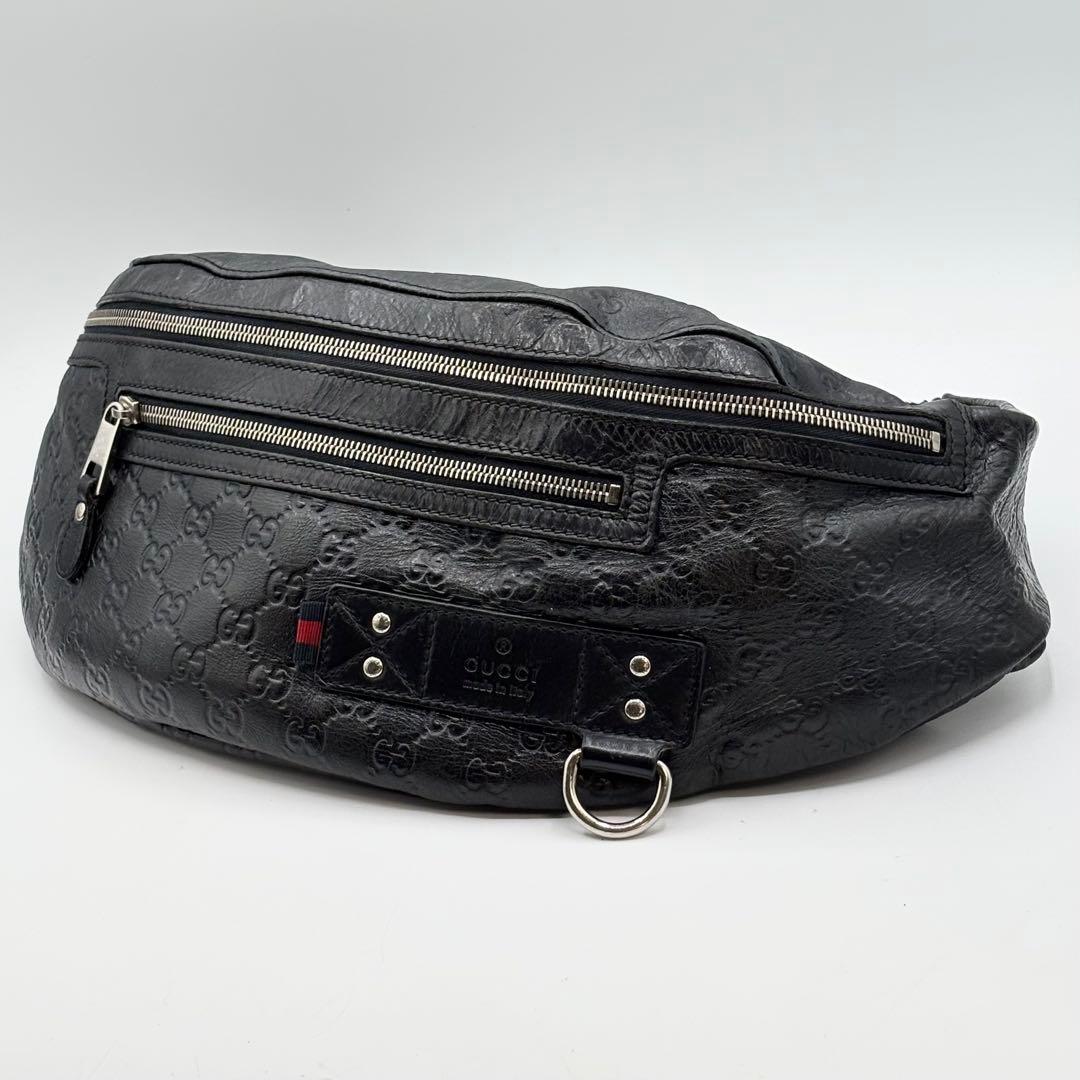 極美品 グッチ ウエストバッグ GG シマ シェリーライン レザー 濃ネイビー