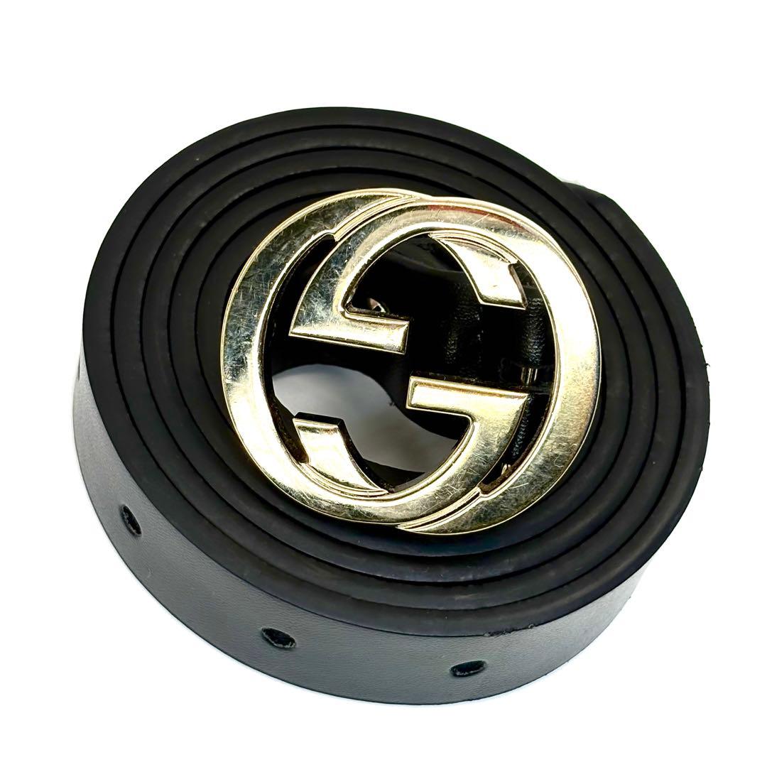 【美品】GUCCI ベルト インターロッキング 黒 ゴールド ダブルGG レザー