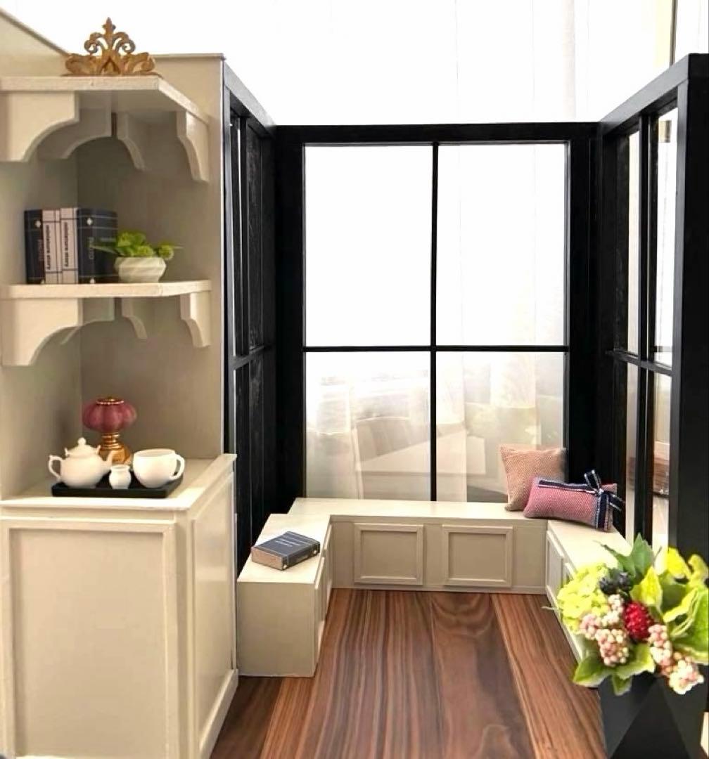 ドールハウス　撮影背景ボード　ハンドメイド☆コーナールーム＆チェア＆シェルフ家具