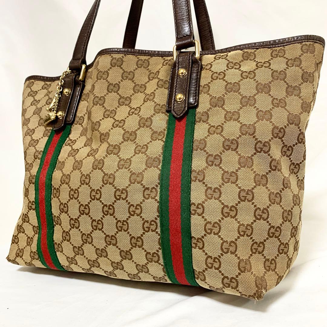 良品✨ グッチ　シェリーライン　ggキャンバス　トートバッグ　肩掛け　ブラウン