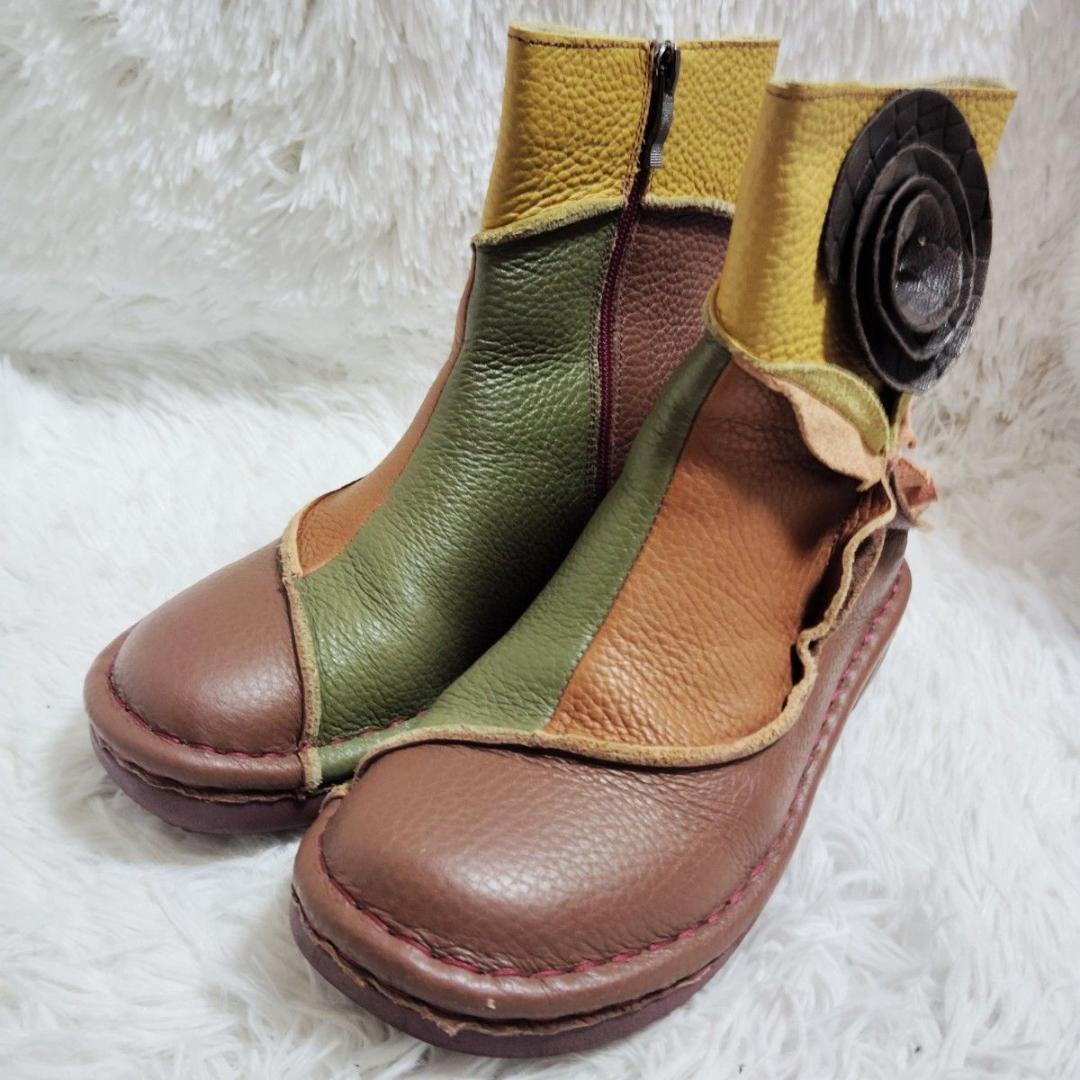 エスタシオン レザーサイドジップブーツ最終価格 L 24〜24.5 花モチーフ