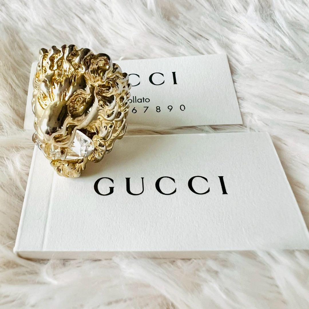 美品✨GUCCI　グッチ　リング　ライオンヘッド　ホワイトクリスタル　22号