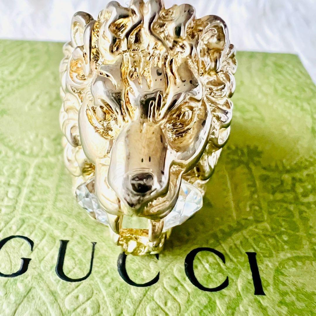 美品✨GUCCI　グッチ　リング　ライオンヘッド　ホワイトクリスタル　22号