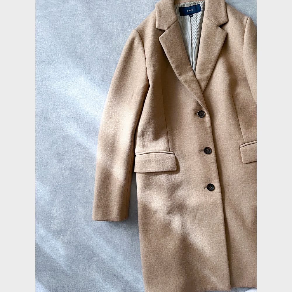 美品 シップス 上質ウール シルク コート チェスターコート ベージュ A7