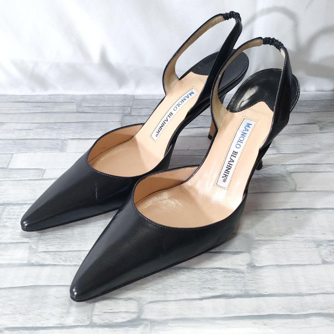 マノロブラニク　レザーパンプス　スリングバック　黒　光沢あり◎　37