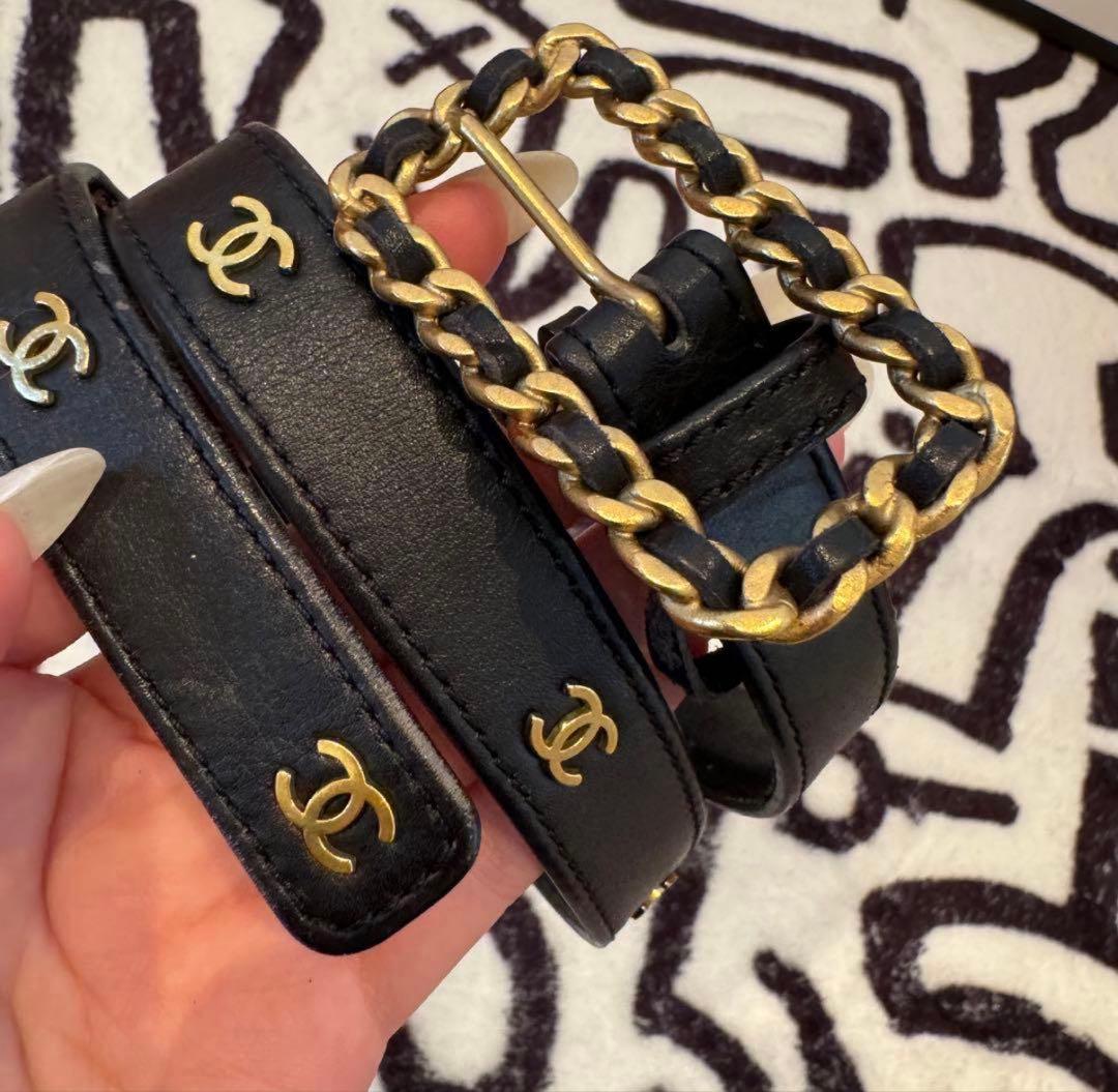 CHANEL 黒 レザー ベルト ゴールド金具