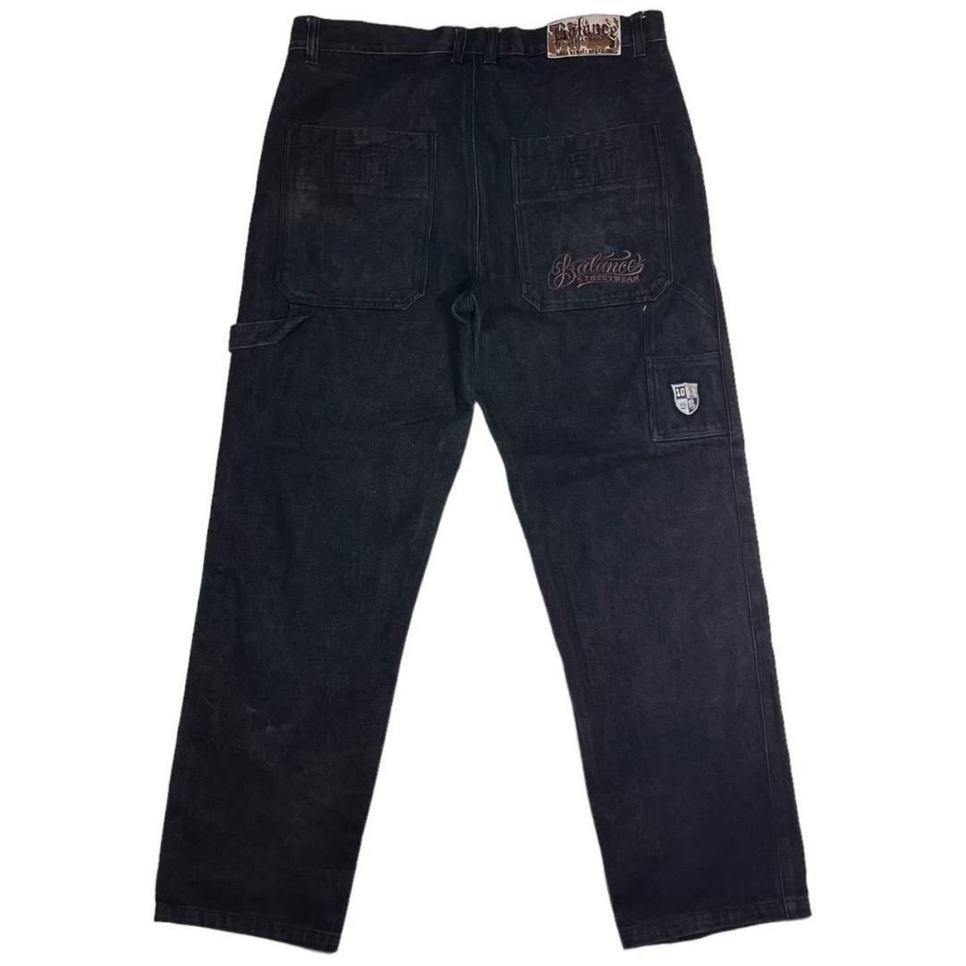 00s バランスストリートウェアワイドブラックデニムパンツロゴ刺繍BALANCE