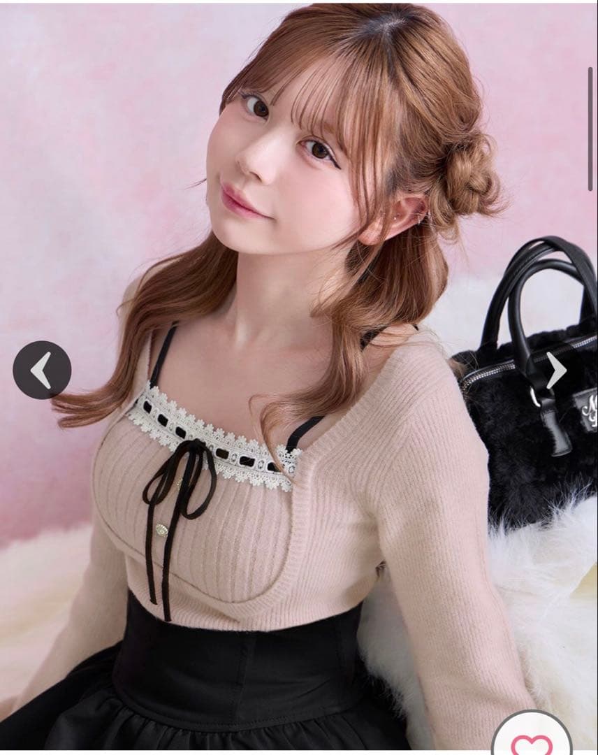 ミシェルマカロン リボンリブニットトップス ピンク フリー