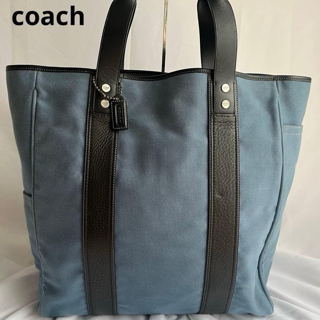 ✨未使用級✨　coach トートバッグ　キャンバス　レザー　淡い青色　メンズ