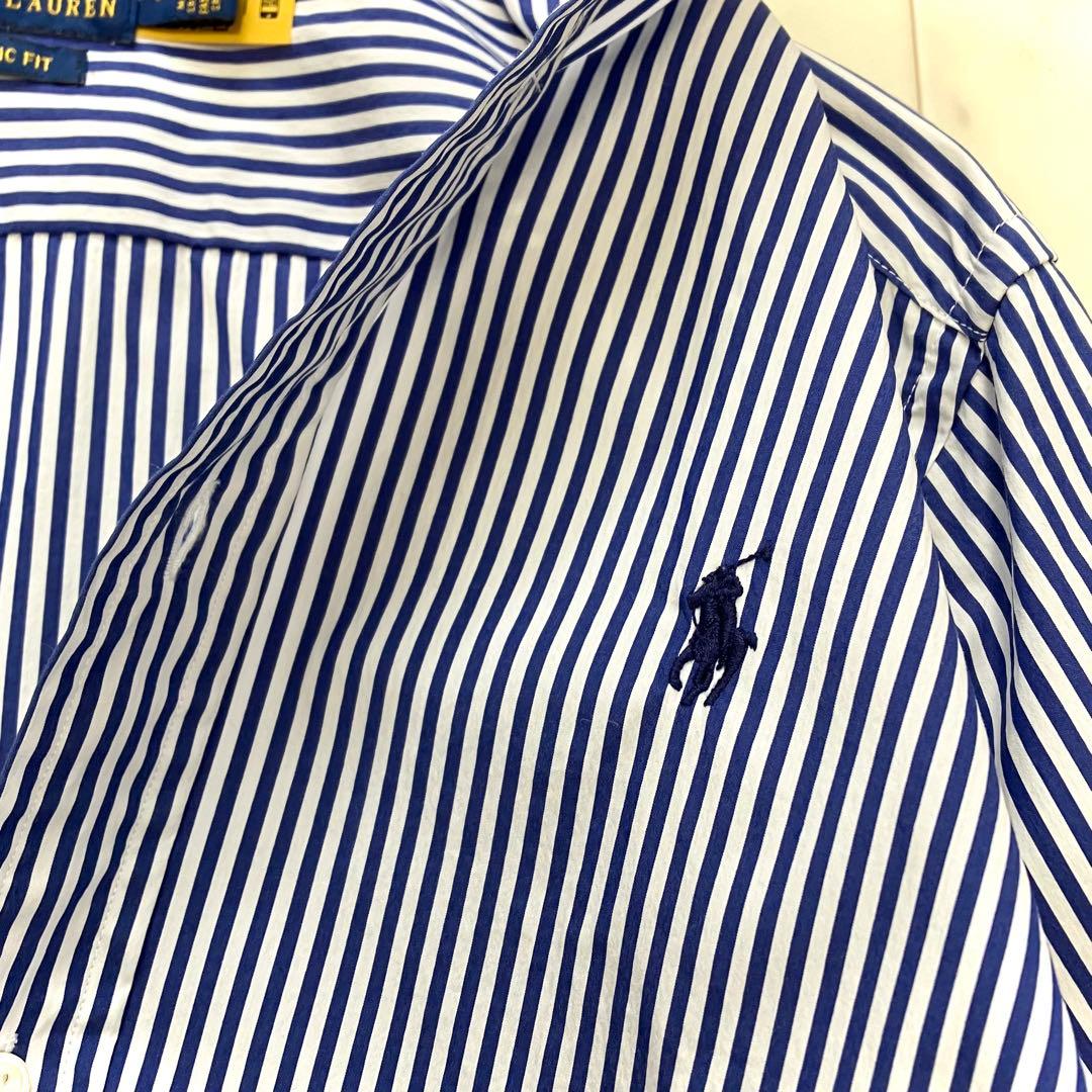 極美品 ポロラルフローレン ストライプシャツ ホース刺繍 QR ブルー