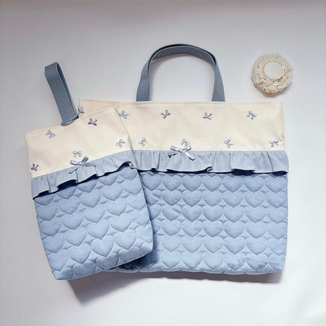 ぴ様　レッスンバッグ　上履き袋　体操着袋　ハンドメイド　ハート　キルト　ヌビ
