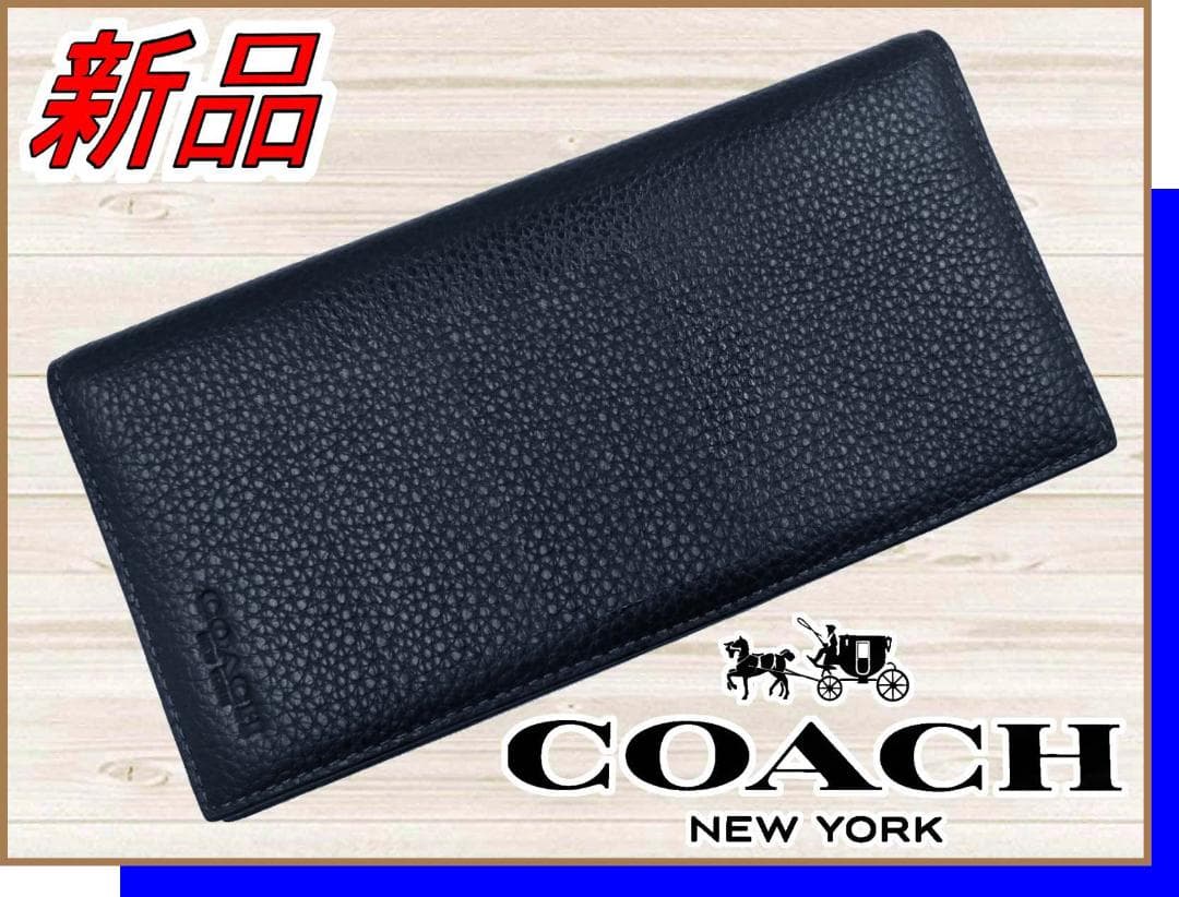 新品コーチCOACHブレストポケットウォレットペブルレザー札入れ長財布ネイビー紺