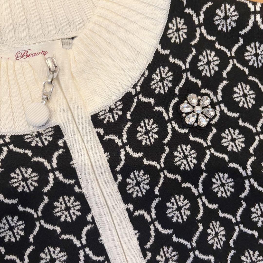 Super Beauty ジップアップニットコート、羽織物　L 11号　黒白