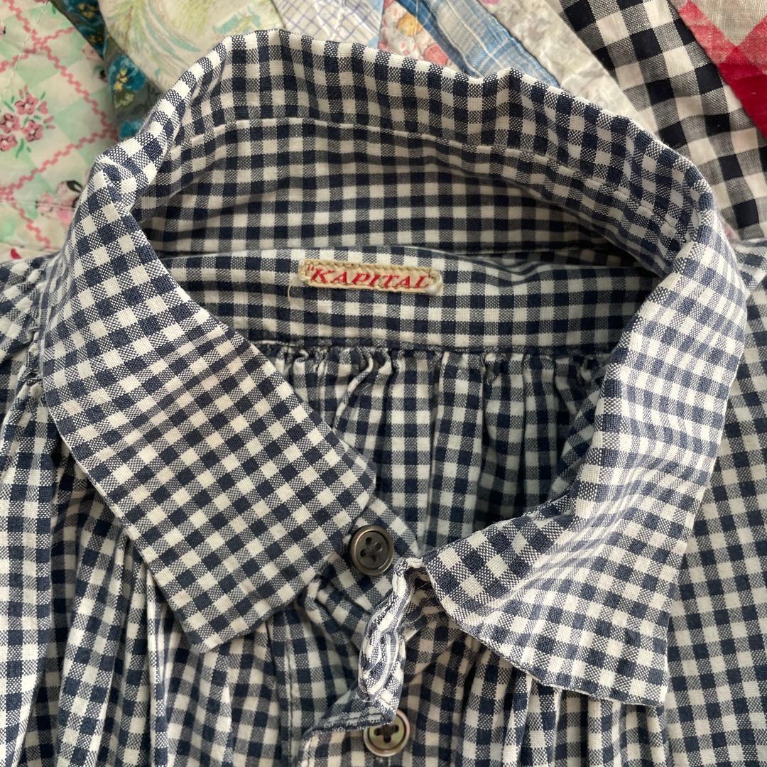 Kapital キャピタル　ギンガムチェックタックシャツ　袖・裾花柄よごれなし