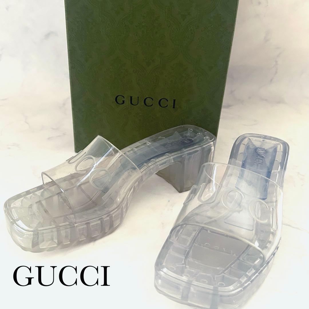 GUCCI クリア エンボスロゴ チャンキーヒール サンダル 39 保存袋 箱付