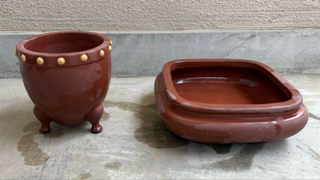 盆栽鉢2点セット！中国鉢　刻印入り　盆栽　中国宜興