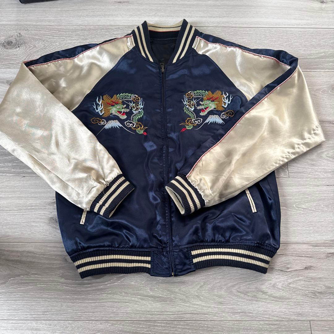 ドラゴン刺繍 スカジャン ネイビー/シルバー 佐藤正 リバーシブル