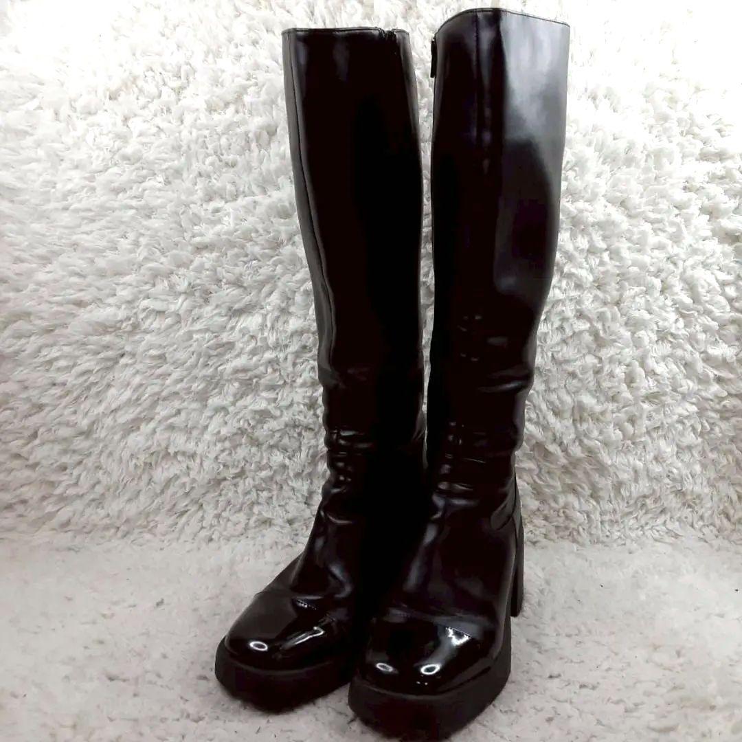 美品 25㎝◎ハーリップトゥ ロングブーツ 黒 先端エナメル 厚底 こじはる