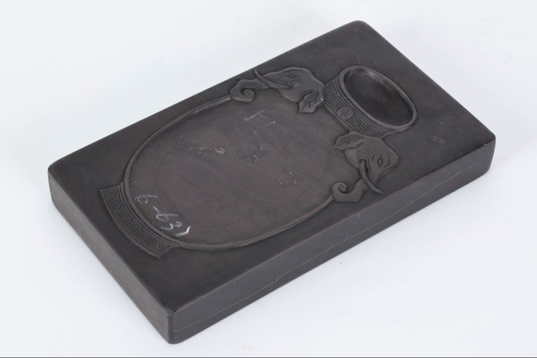 御*榮様 中国古玩 象壺陰陽図彫 長方唐硯 唐木箱付 書道具 端渓硯 文房四宝