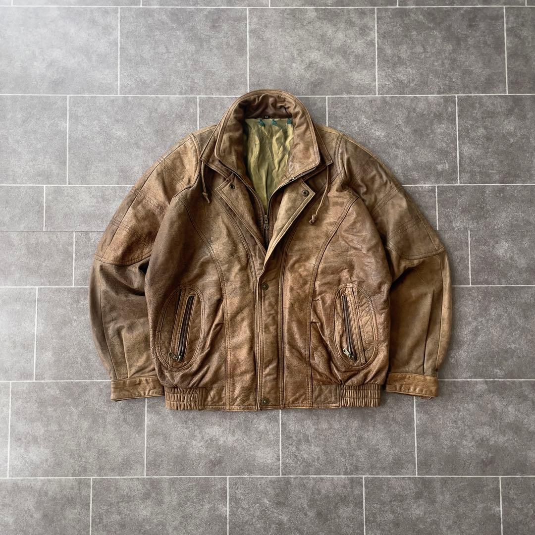 80s ヴィンテージ 本革 ダブルカラーレザージャケット ブラウン 52