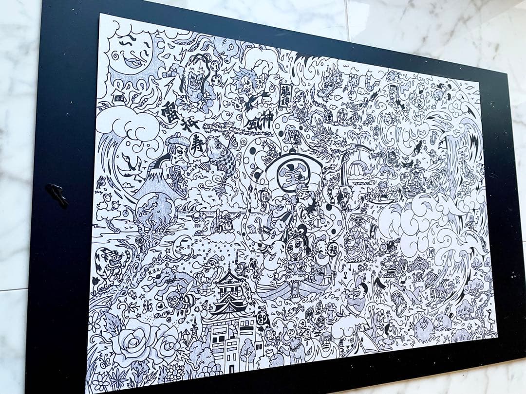 メレンゲ☆ オーダー品 「龍と海と七福神」 一発描き 絵画 龍ノツカイ