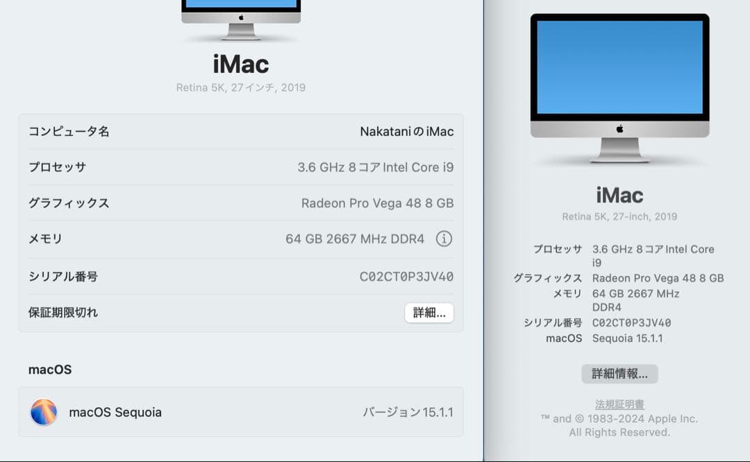 iMac Retina 5K 2019 メモリ64GB SSD1TB