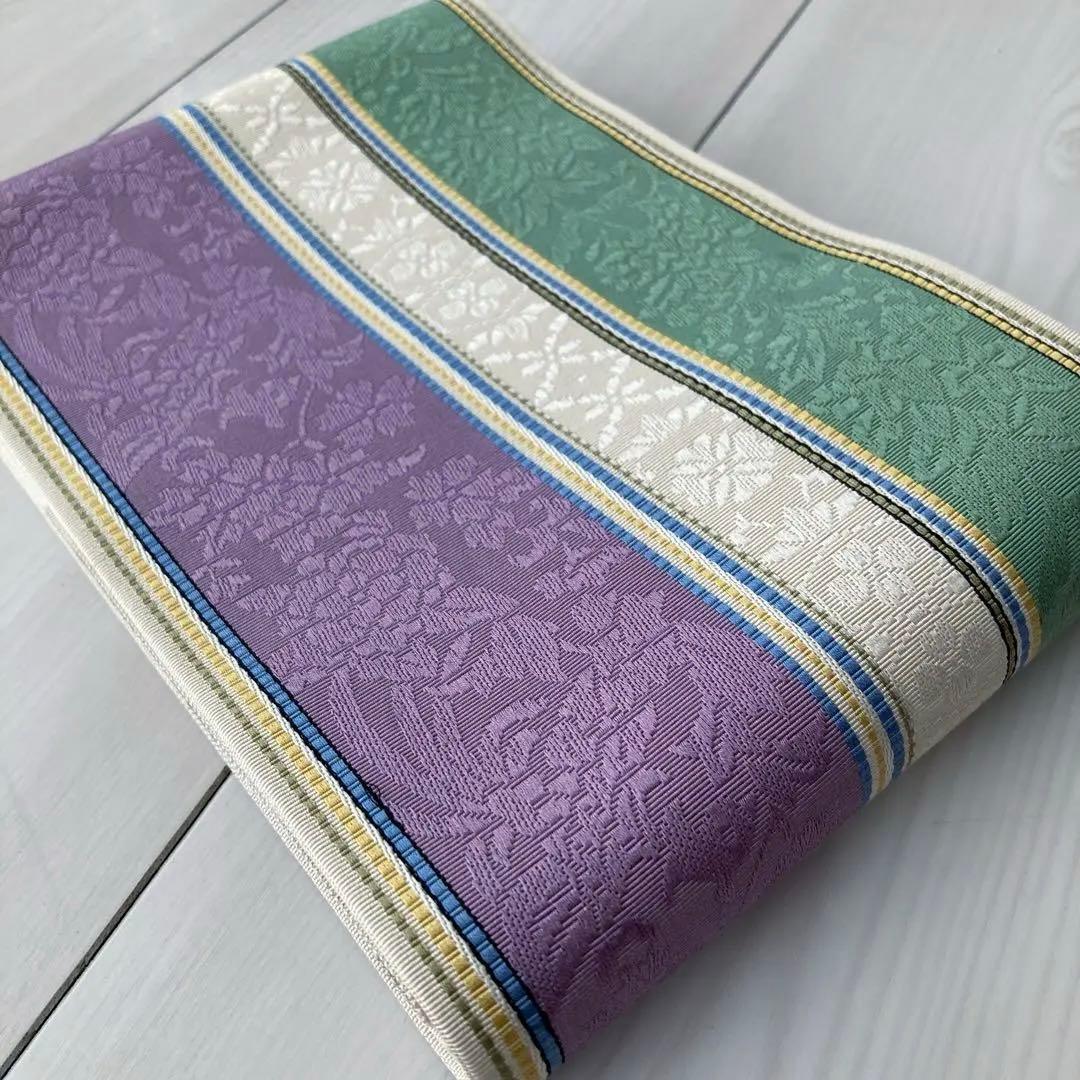 本場筑前博多織　半幅帯　織り出し　花唐草模様　縞模様　正絹　ポケット付No.45