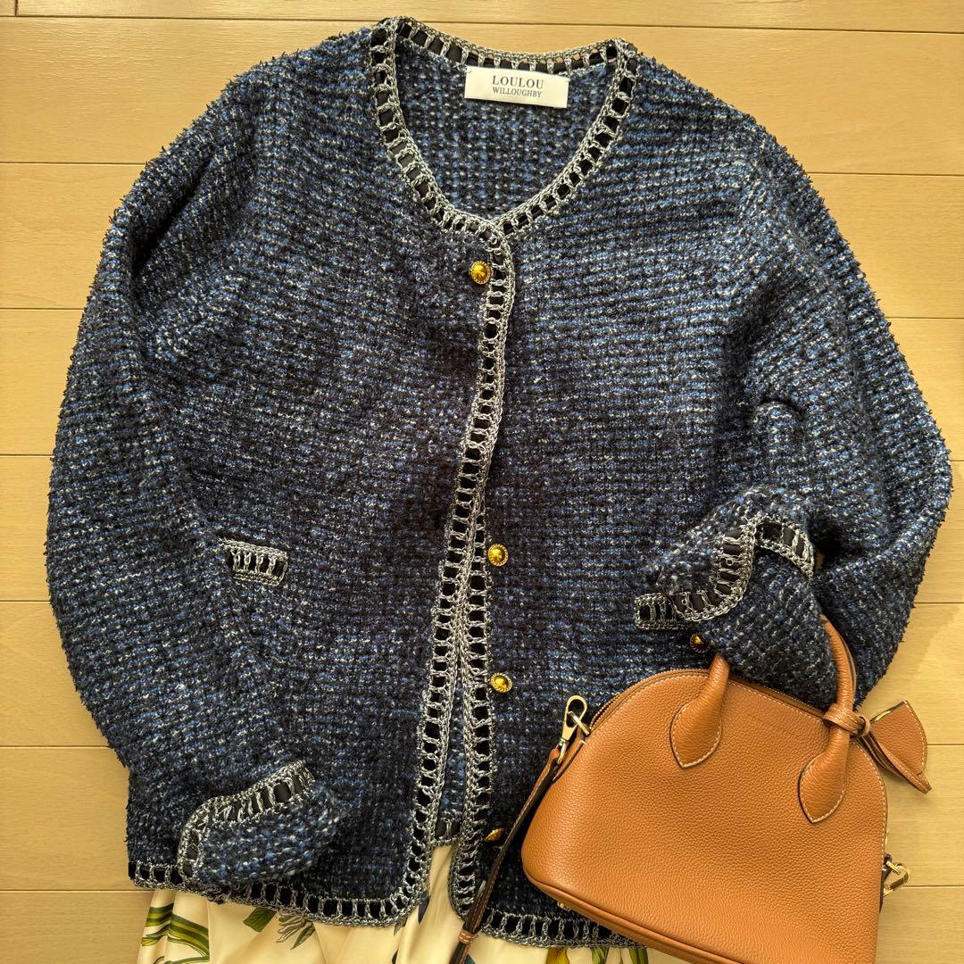 ルルウィルビー 金ボタン ツイード ニット ノーカラー ジャケット ブルー