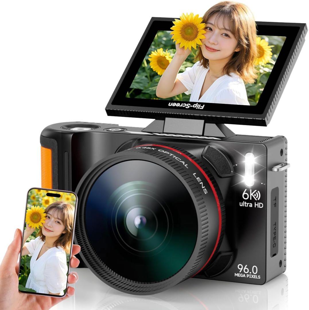 6K デジカメ 9600万画素 スマホに転送 WIFI転送180度回転 18倍