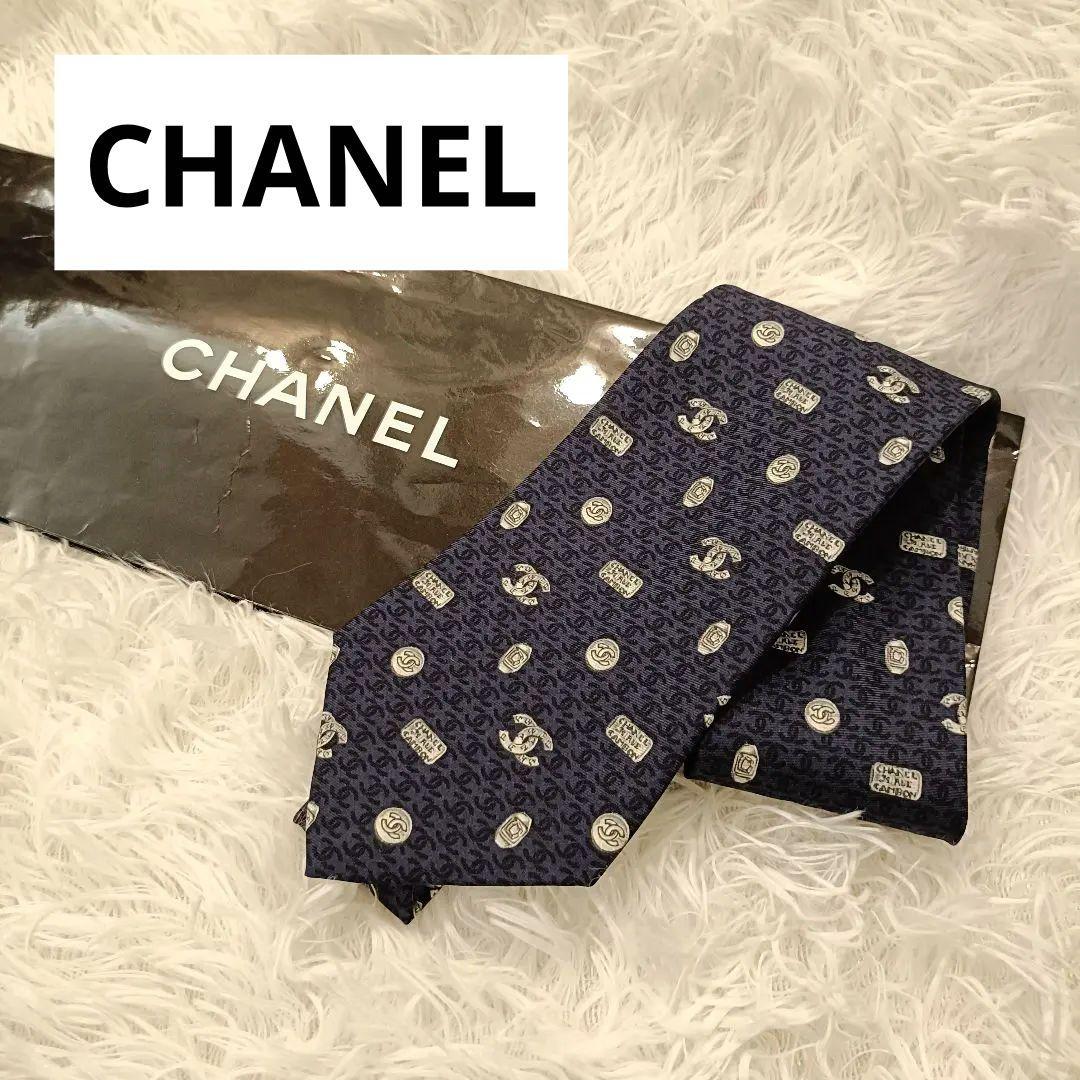 極美品✨️　CHANEL ネイビー　紺 ロゴ ネクタイ　シャネル　シルク