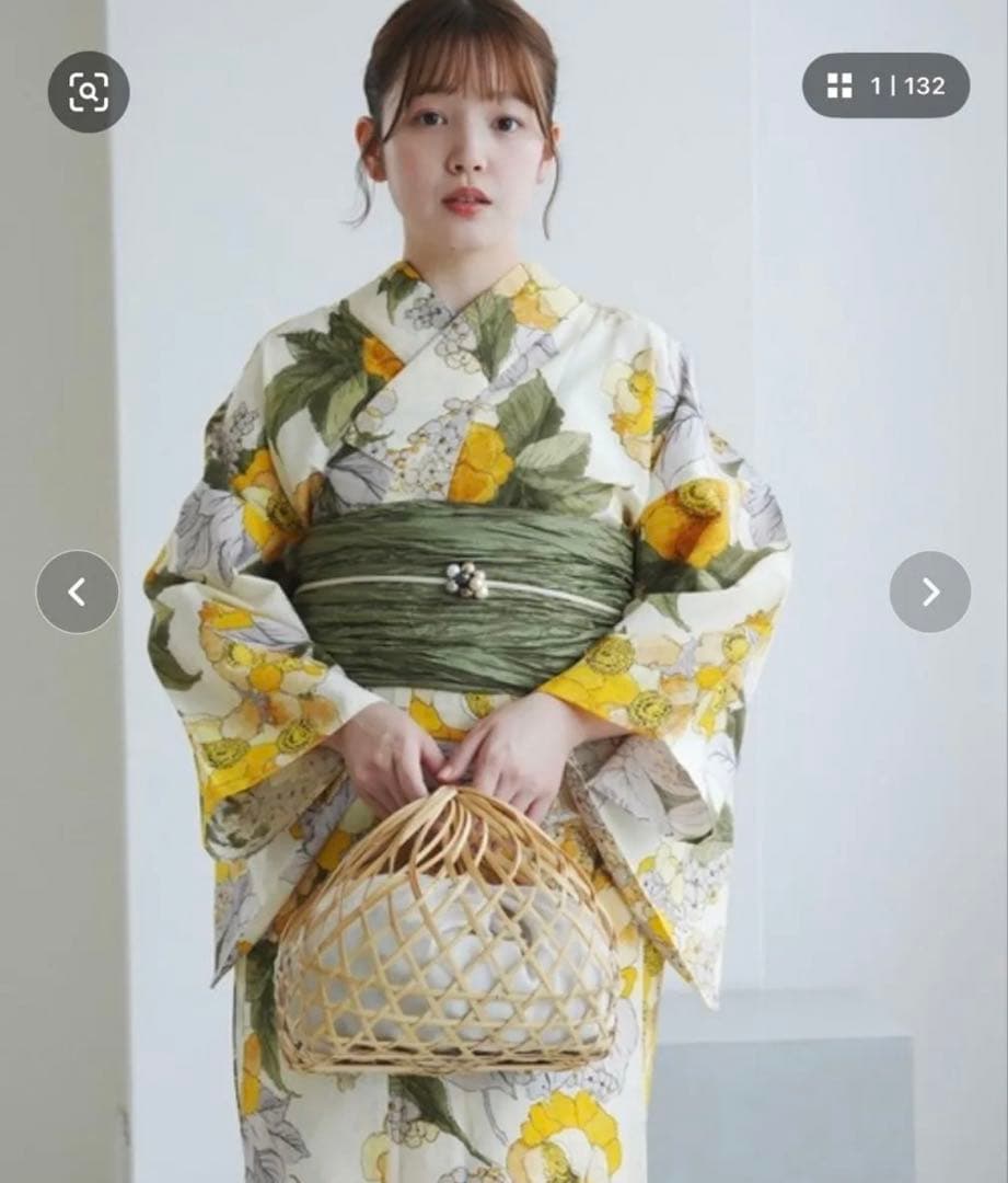 【美品】utatane / 浴衣、帯セット（イエローの咲きこぼれる花）