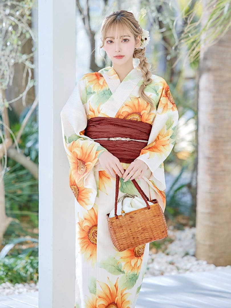 【完売品】アイボリーxひまわりストライプ柄浴衣向日葵 浴衣/帯/下駄 3点セット