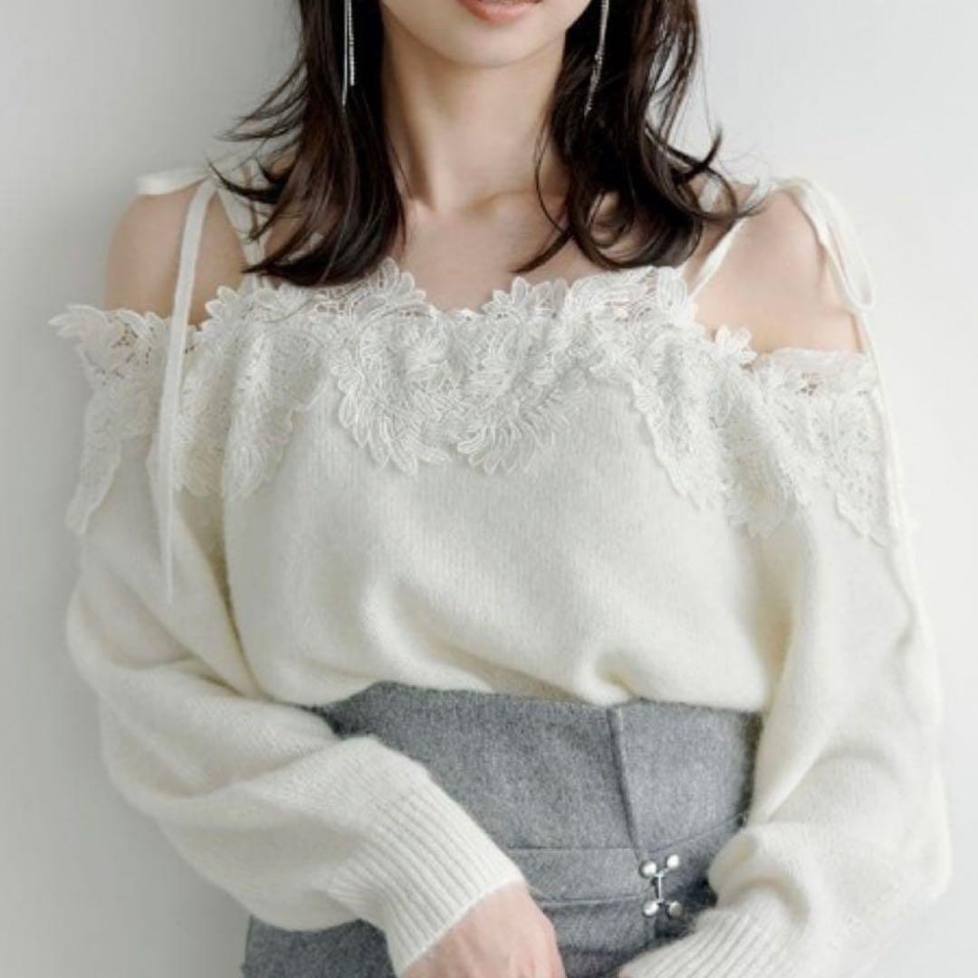 【美品】SNIDEL レーストリミングオフショルプルオーバー ニット リボン